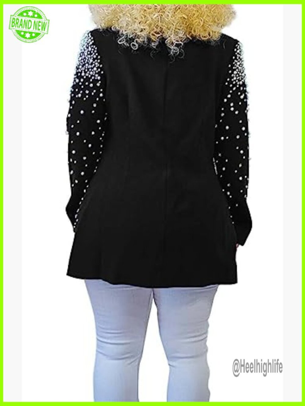 Long Sleeve Lapel Pearls Rhinestones Blazer Jacket for Nightclub Party - Picture 2 of 6